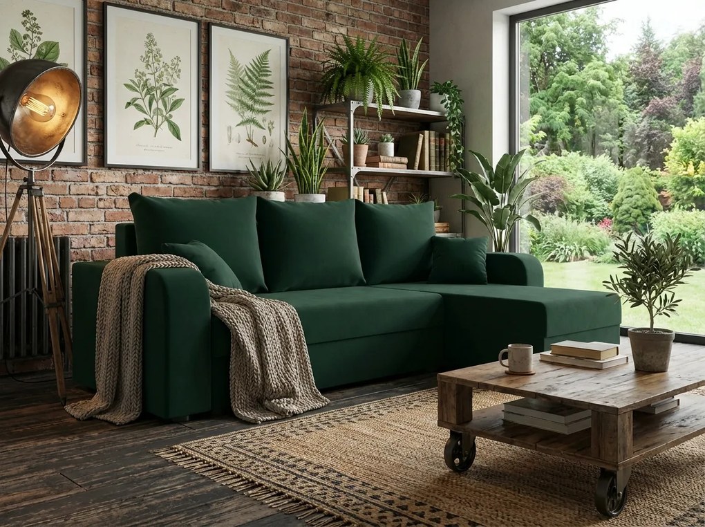 Ágyazható, kétoldalas L alakú kanapé VALERIO 238x140 cm, sötétzöld színű + 2 db díszpárna INGYEN