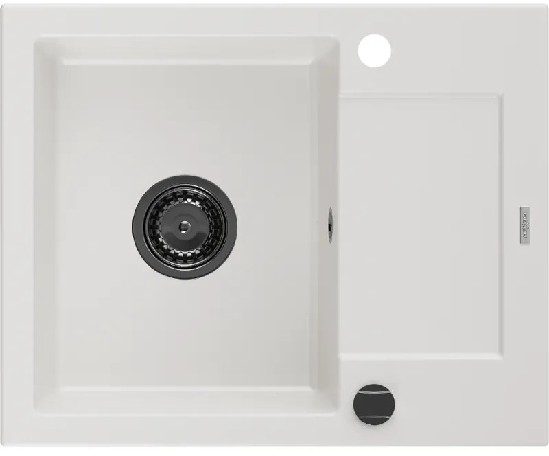 Mexen Enzo, gránit mosogató 576x465x174 mm, 1 kamrás, fehér, fekete szifonnal, 6506571005-20-B