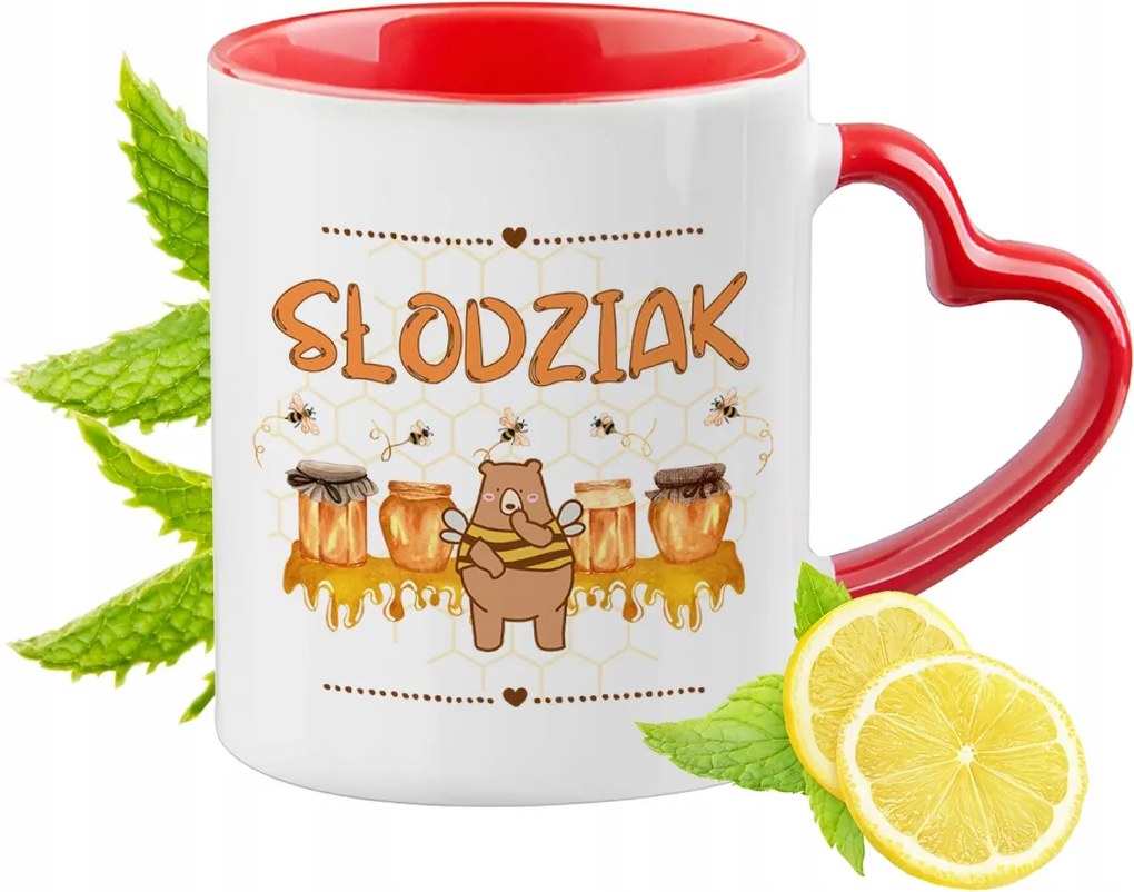 Maci macis bögre piros szív alakú füllel ajándék nyomott mintával