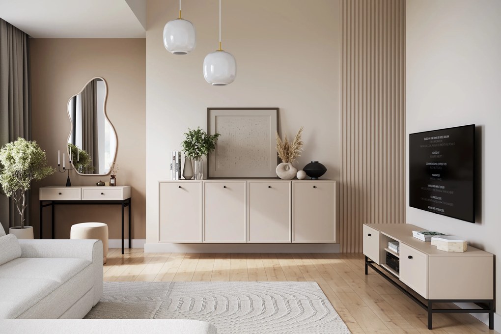 Lorini fali négyajtós komód 200 cm - kasmír / fekete fogantyúk