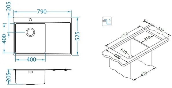 ALVEUS 1149516 - Konyhai mosogató PURE 79x52,5 cm szatén, jobb oldali