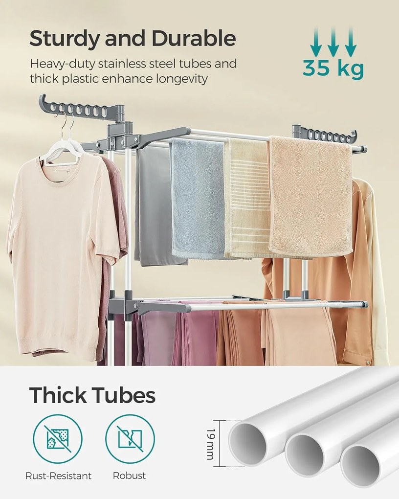 Összecsukható 4 szintes ruhaszárító állvány, mozgatható, 64 x 126 x 172 cm, rozsdamentes acél, lehajtható szárnyakkal, fehér