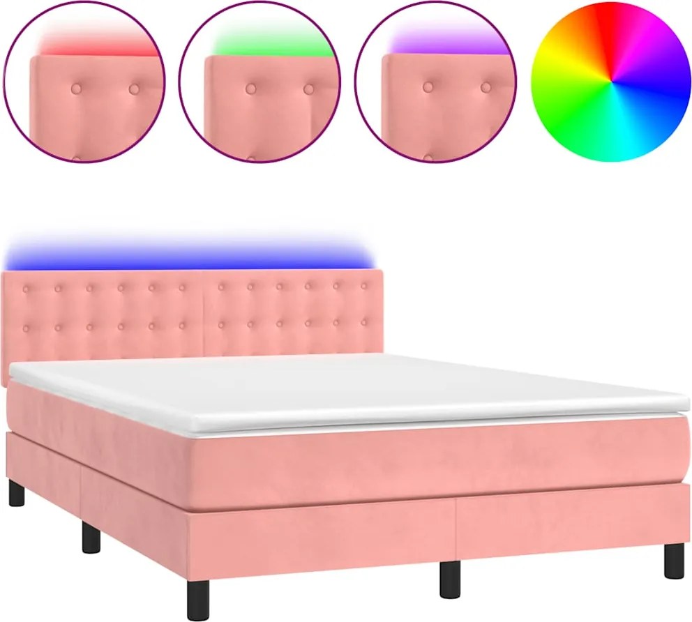 vidaXL rózsaszín bársony rugós és LED-es ágy matraccal 140x190 cm