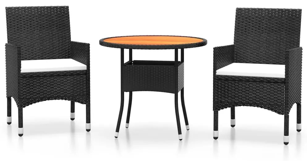 3 részes fekete polyrattan és tömör fa kerti bisztrószett