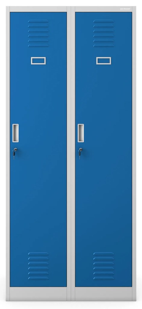 Pléh öltözőszekrény talpazaton, kétmodulos, polccal és köztes fallal KACPER, 800 x 1800 x 500 mm, szürke-kék