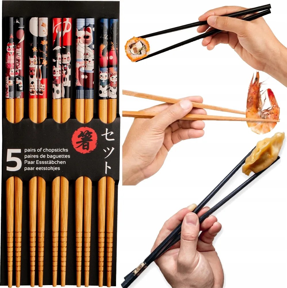 Világos Fa Pálcikák Színes Maneki Neko Motívum Sushihoz 5 Pár 22,5cm