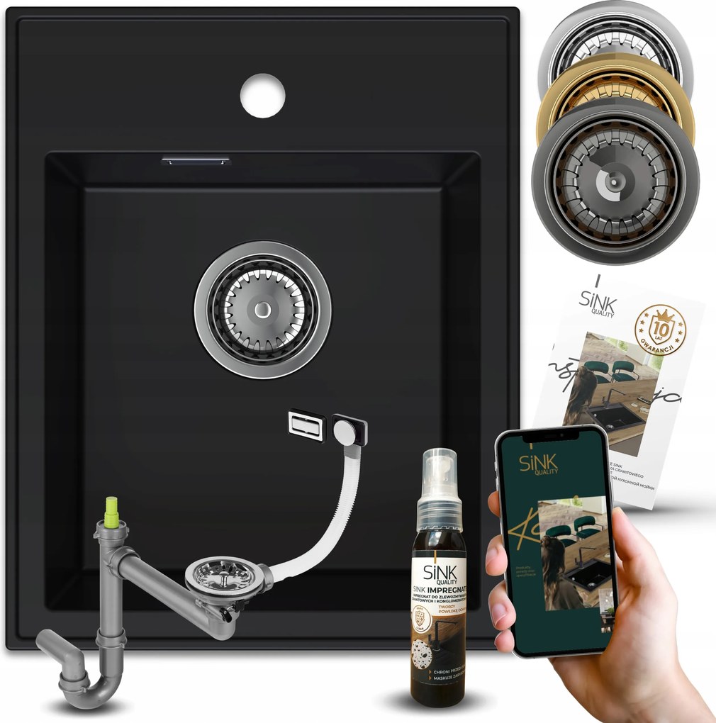 Mosogató Egymedencés Gránit Fekete Kézi Szifon Impregnálószer