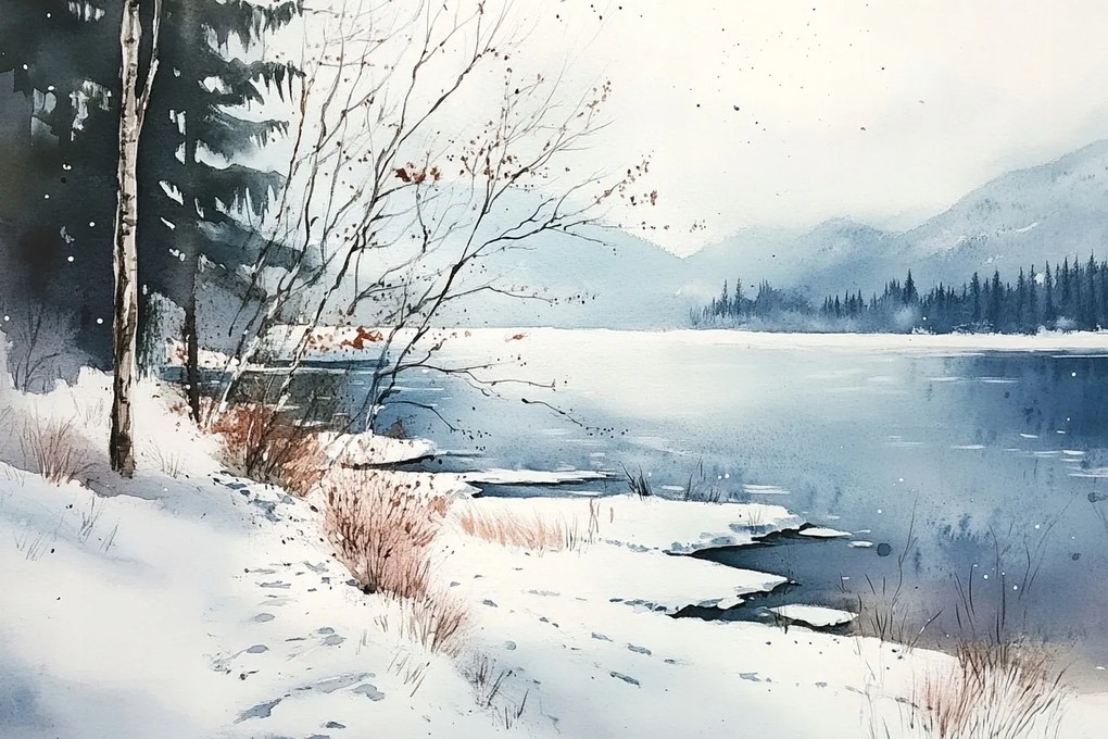 Vászonkép Canvas Tájkép Hegyek Tó Erdő Tél Hó Jég Fagy 60x40