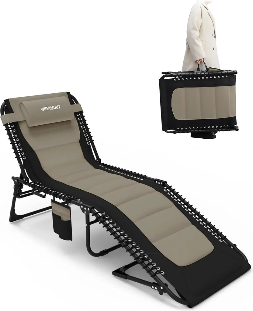 Összecsukható Strand Napozóágy Párnával és Zsebbel Khaki