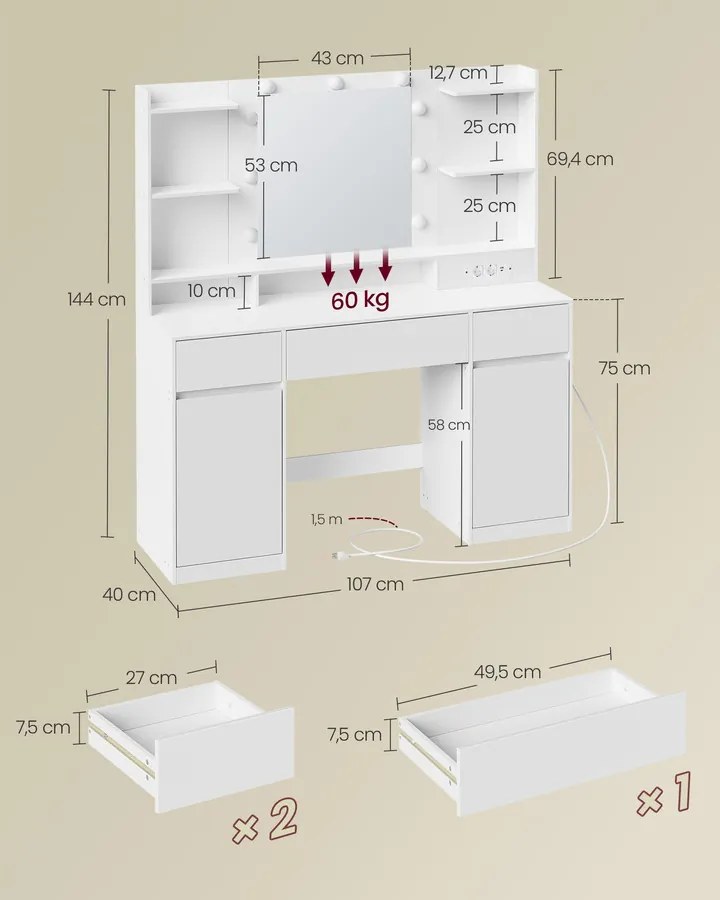 KAILYN Fésülködő asztal, tükrös sminkasztal LED világítással puffal és 2 szekrénnyel