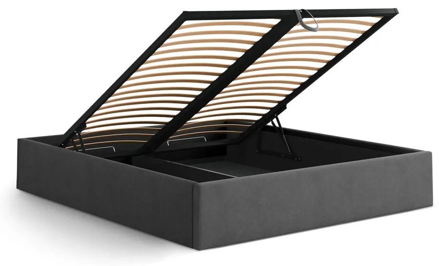 Antracitszürke kárpitozott ágyneműtartós-ágytámla nélkül franciaágy ágyráccsal 160x200 cm Susan – Micadoni