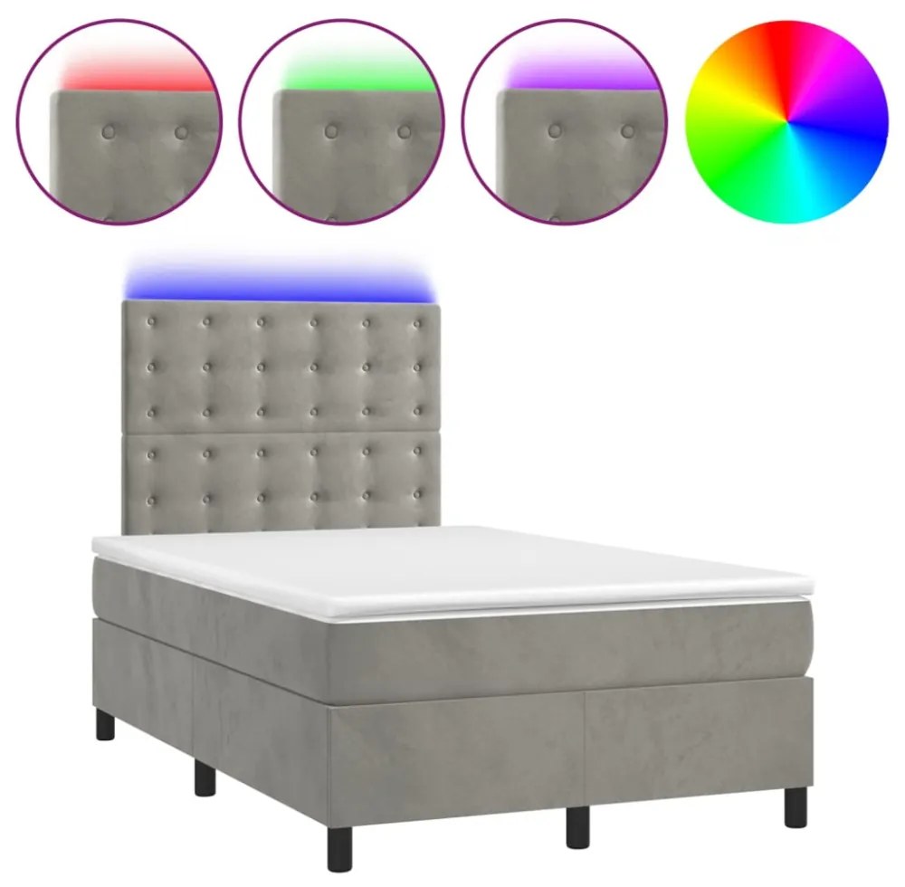 világosszürke bársony rugós és LED-es ágy matraccal 120x200 cm