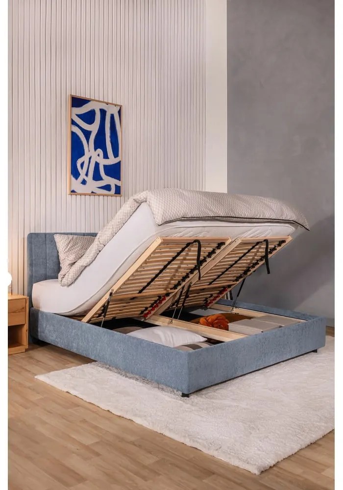 Kék kárpitozott ágyneműtartós franciaágy ágyráccsal 180x200 cm Myra Slim Line – Bonami Selection