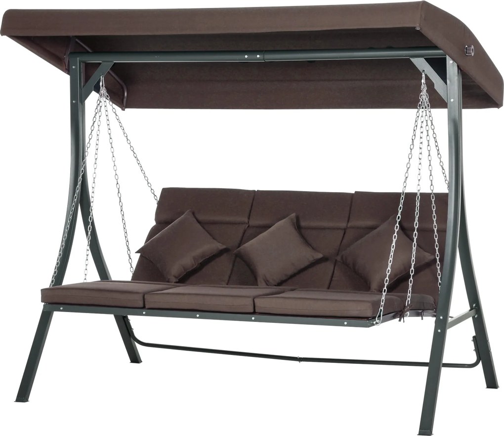 Outsunny 3 személyes Hollywood Hinta, Állítható Napernyővel Ellátott Hinta Pad, Kerti Hinta Példányokkal, Teherbírás: 270 kg, Fém, Textiline, Barna, 1