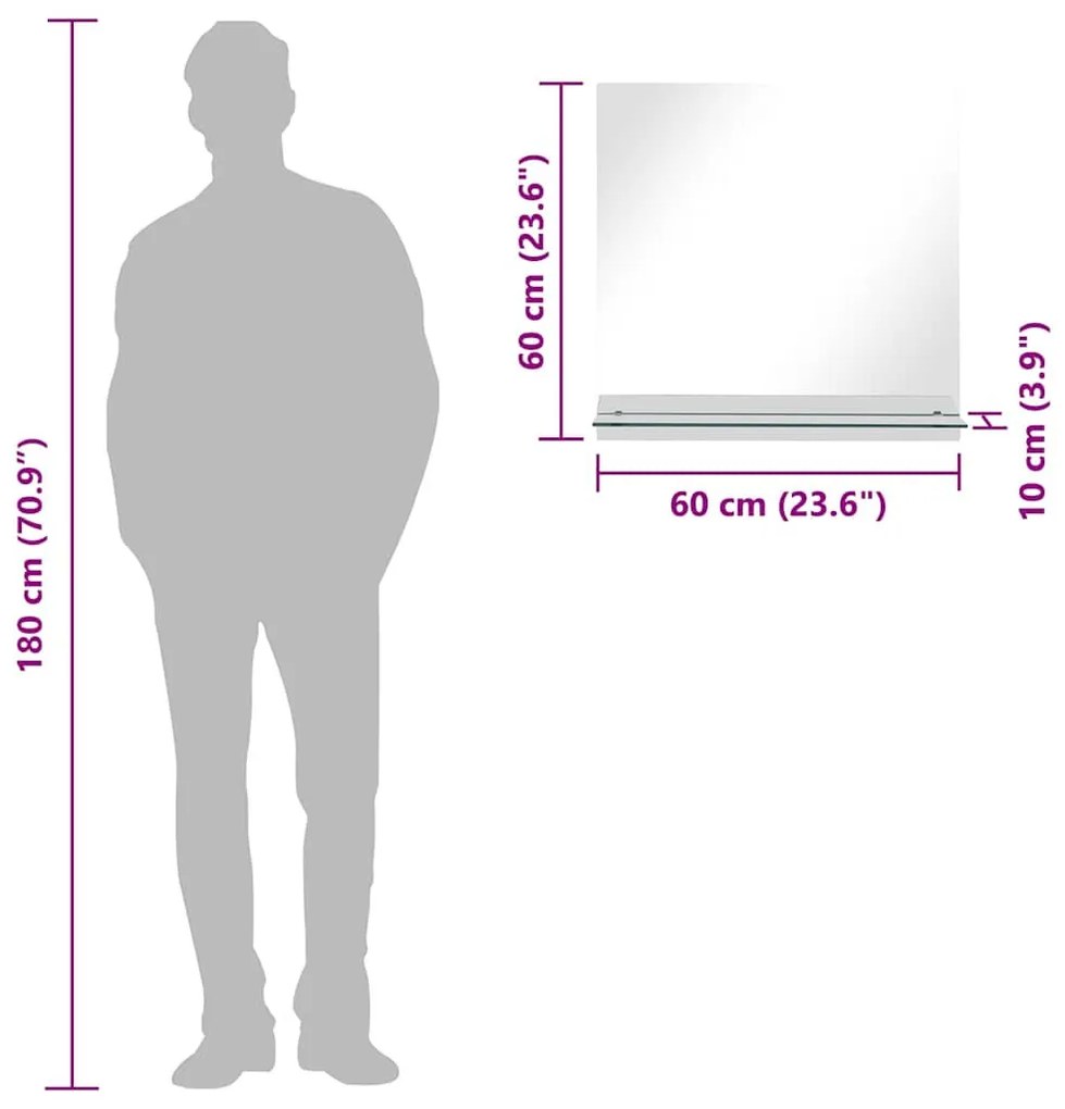 edzett üveg falitükör polccal 60 x 60 cm
