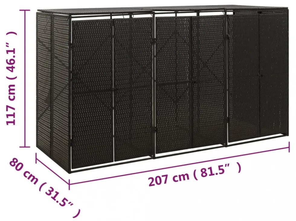 fekete polyrattan hármas kerekeskuka tárolófészer 207x80x117 cm