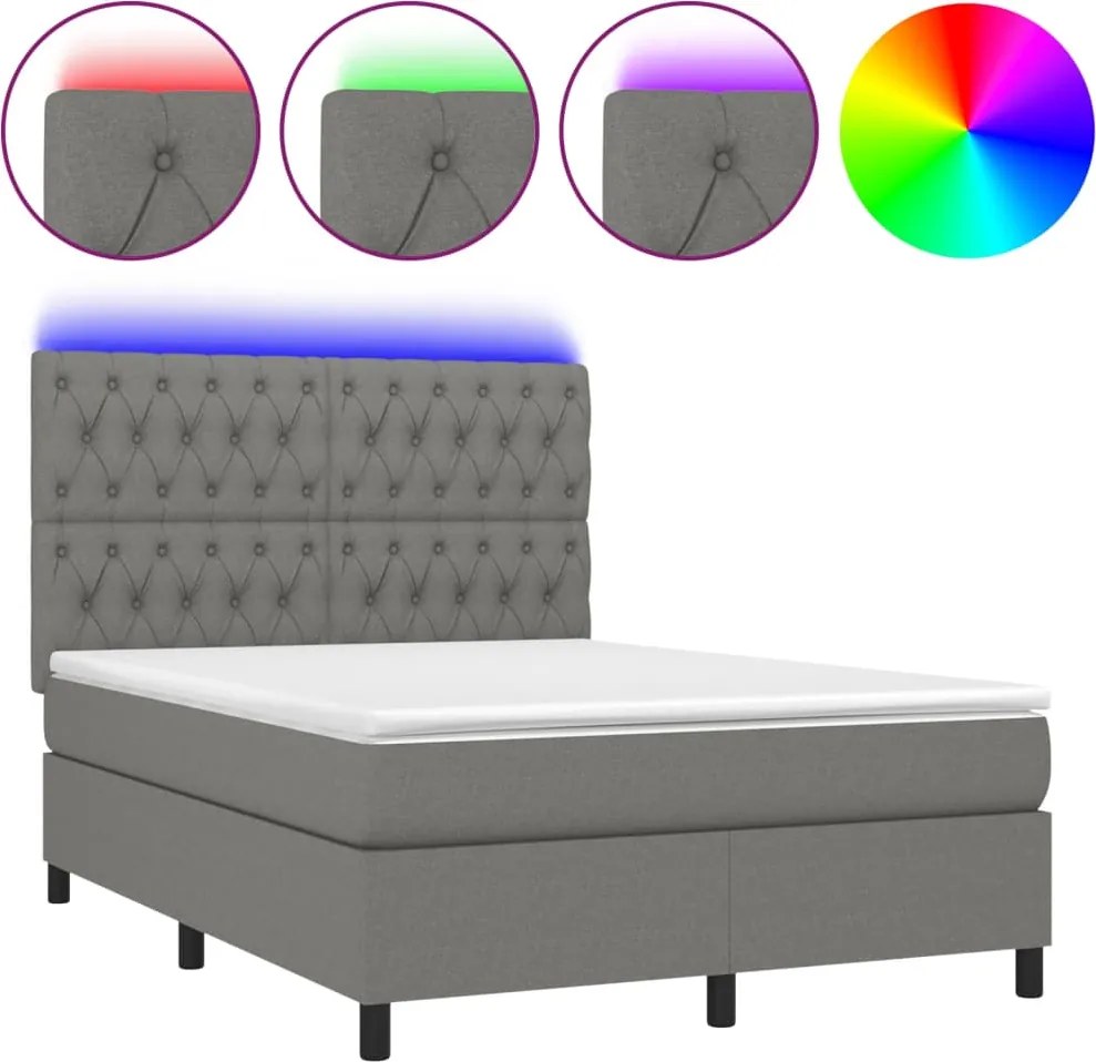 vidaXL sötétszürke szövet rugós és LED-es ágy matraccal 140x200 cm