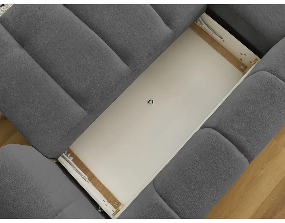 Sötétszürke kinyitható-tárolóhelyes sarokkanapé (bal oldali-heverő résszel) Fuji – Bobochic Paris