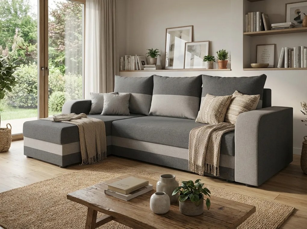 Kinyitható kétoldalas L alakú ülőgarnitúra VALERIO 238x140 cm, sötétszürke/világosszürke + 2 párna INGYEN