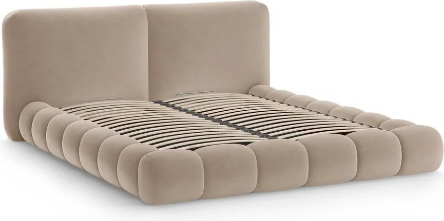 Világosbarna kárpitozott ágyneműtartós franciaágy ágyráccsal 160x200 cm Solange – Micadoni