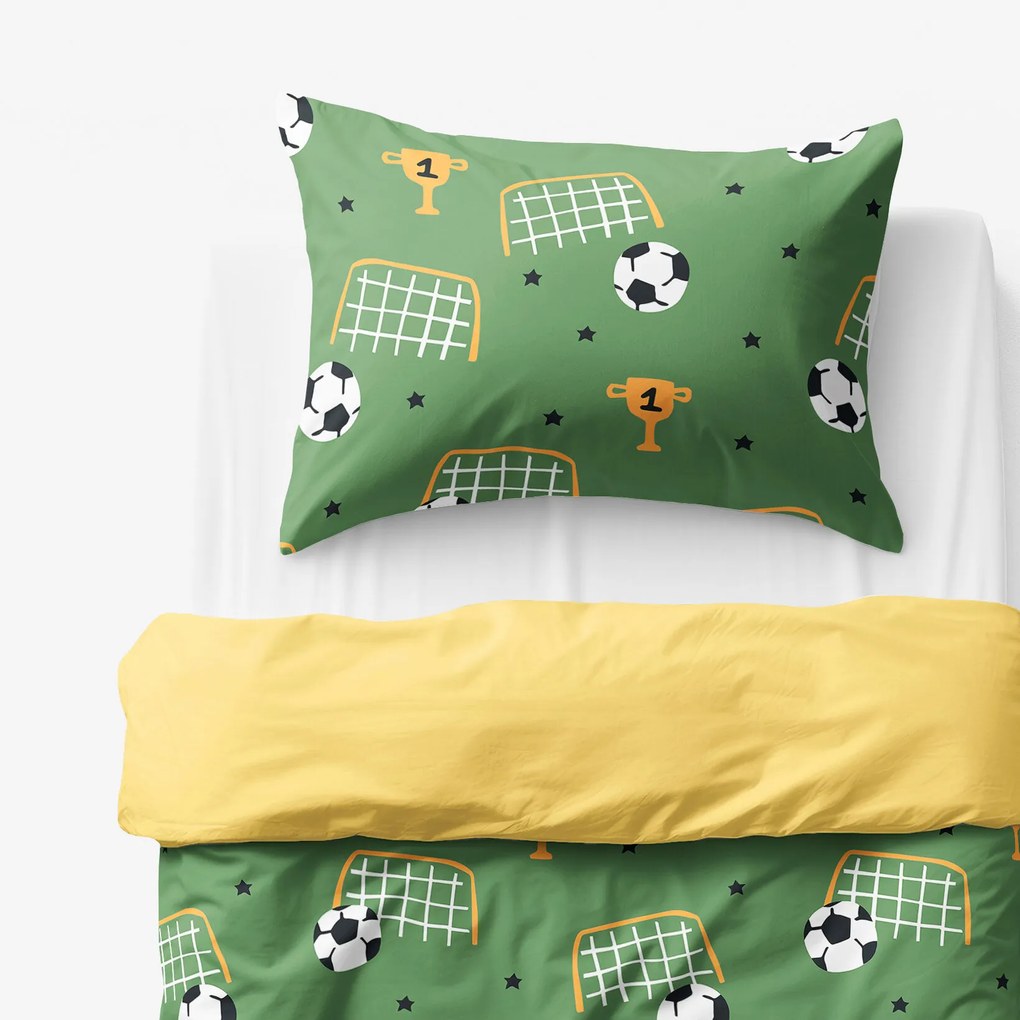 Goldea gyermek pamut ágyneműhuzat duo - futballvilág, sárga hátoldal 150 x 200 és 50 x 60 cm