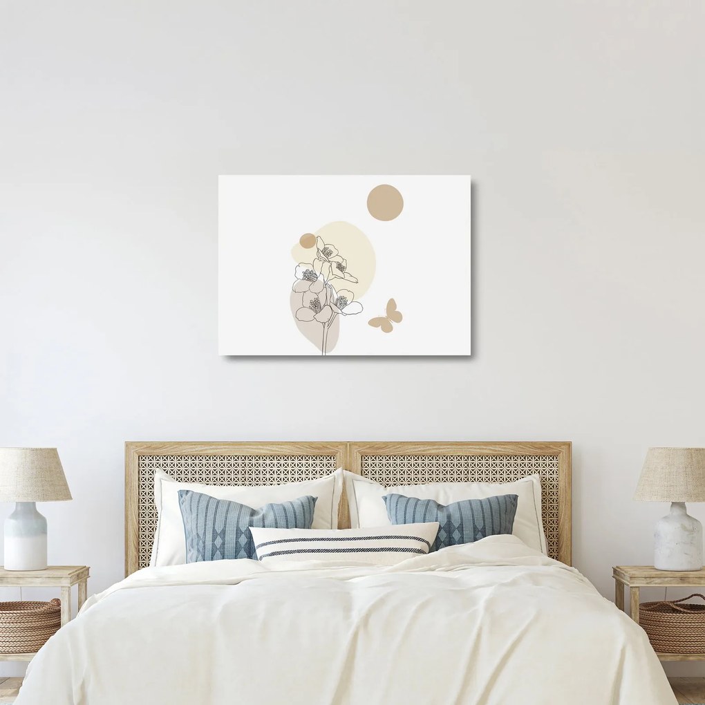 Üveg kép - Bézs virágok pillangóval N⁰4 (70x50 cm)