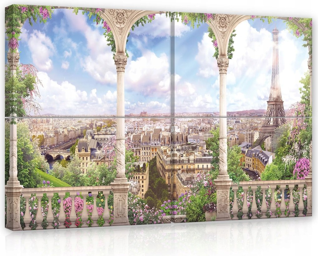 Vászonkép 120x80 Párizs Eiffel-torony erkély terasz virágok tavasz nyár romantika