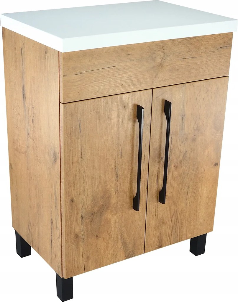 Komód Fürdőszoba szekrény Tölgy Loft Asztali mosdó Asztallap Fehér Fényes