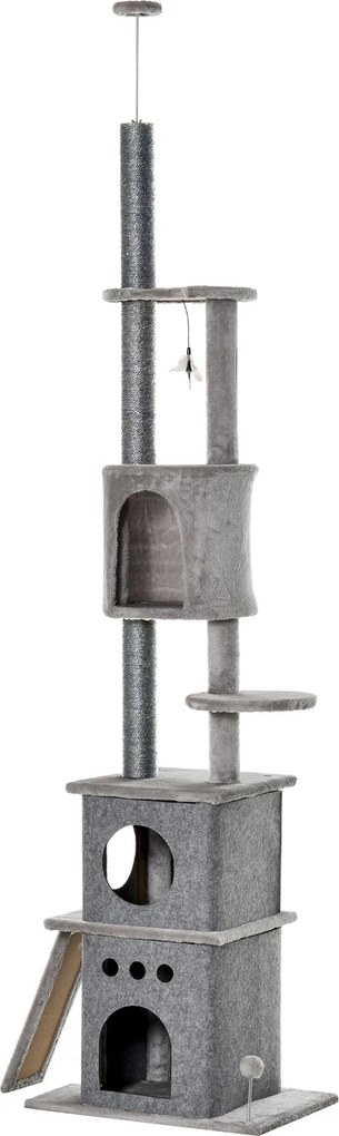 PawHut Macskafa - Mennyezeti Magas Mászófa, Játékkal, Sisal Plüss, Világosszürke, Magasságállítható 60 x 40 x 225-255 cm | Aosom