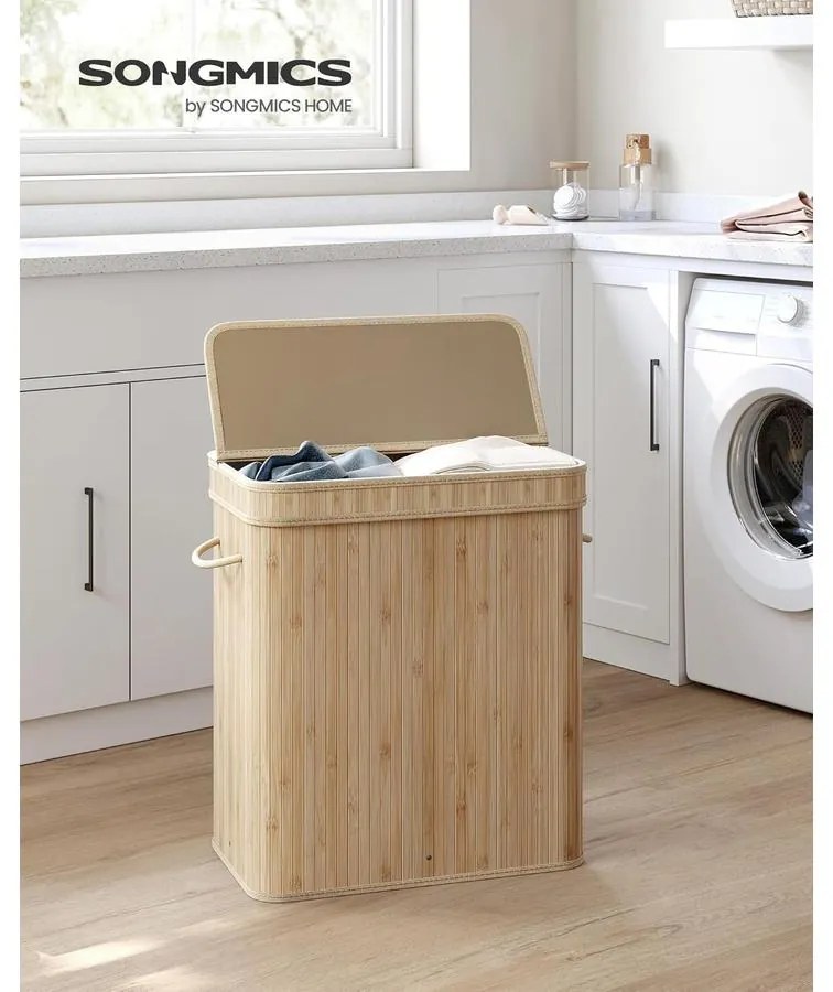 SONGMICS Ruháskosár fedéllel, 100 L-es bambusz szennyestartó