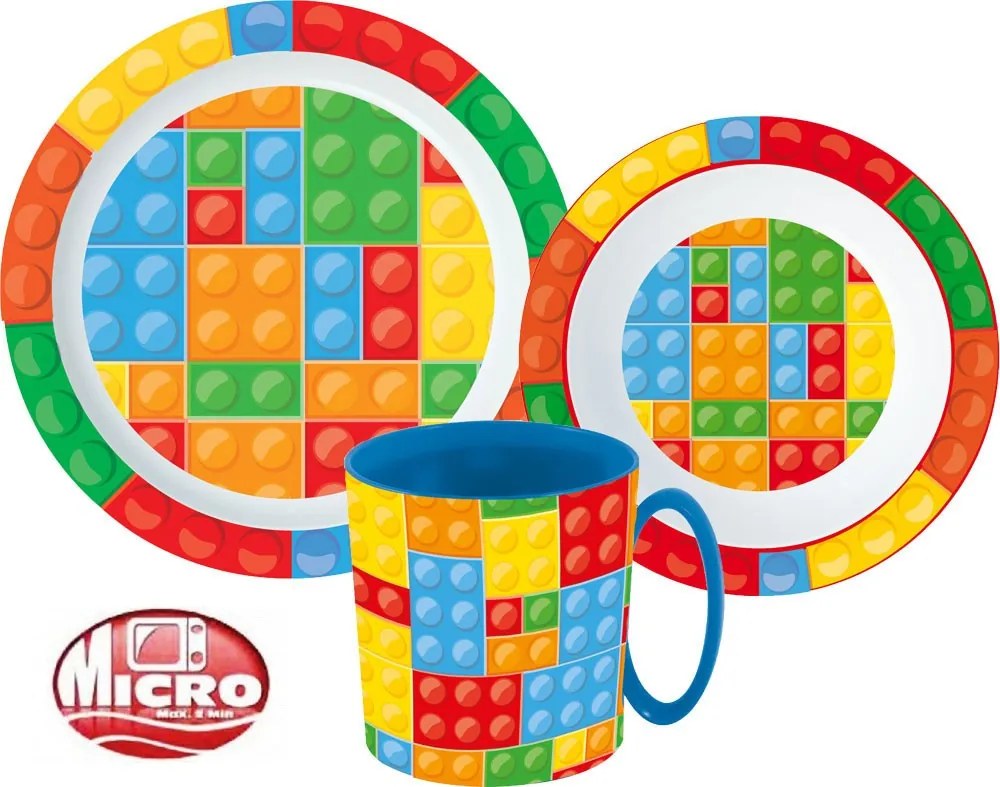 Lego mintázatú Bricks étkészlet, micro műanyag szett bögrével 350 ml