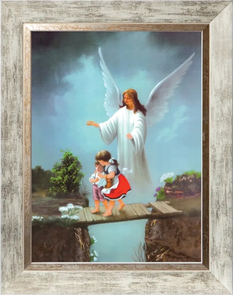 Őrangyal| Vallásos Szakrális Kép Fehér Díszkeretben 30X40