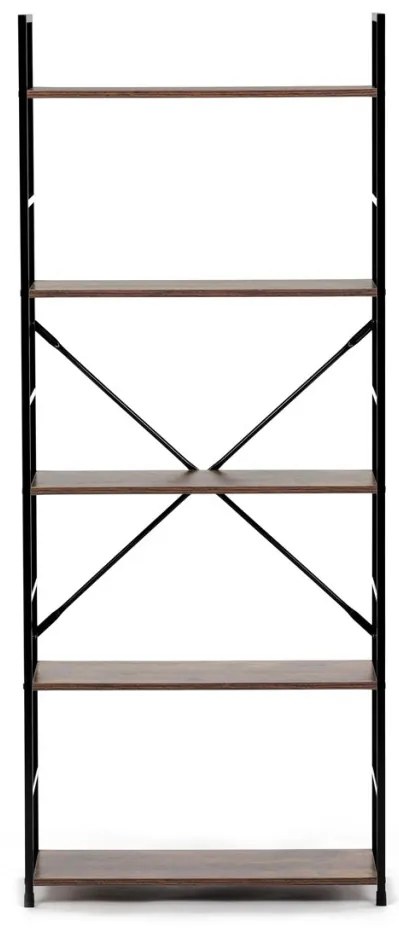 Könyvespolc, 5 polc, vintage fa dekor, MDF, fekete lakk