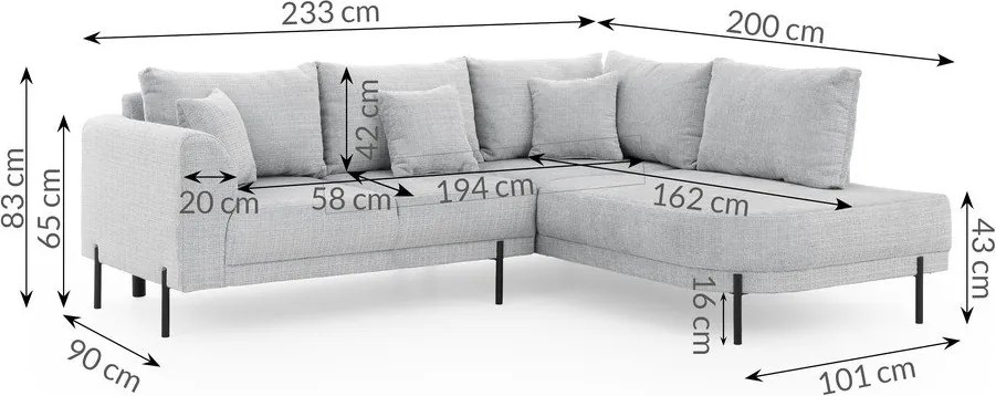 Világosszürke zsenília sarokkanapé (jobb oldali-L alakú) Mauris – Ropez