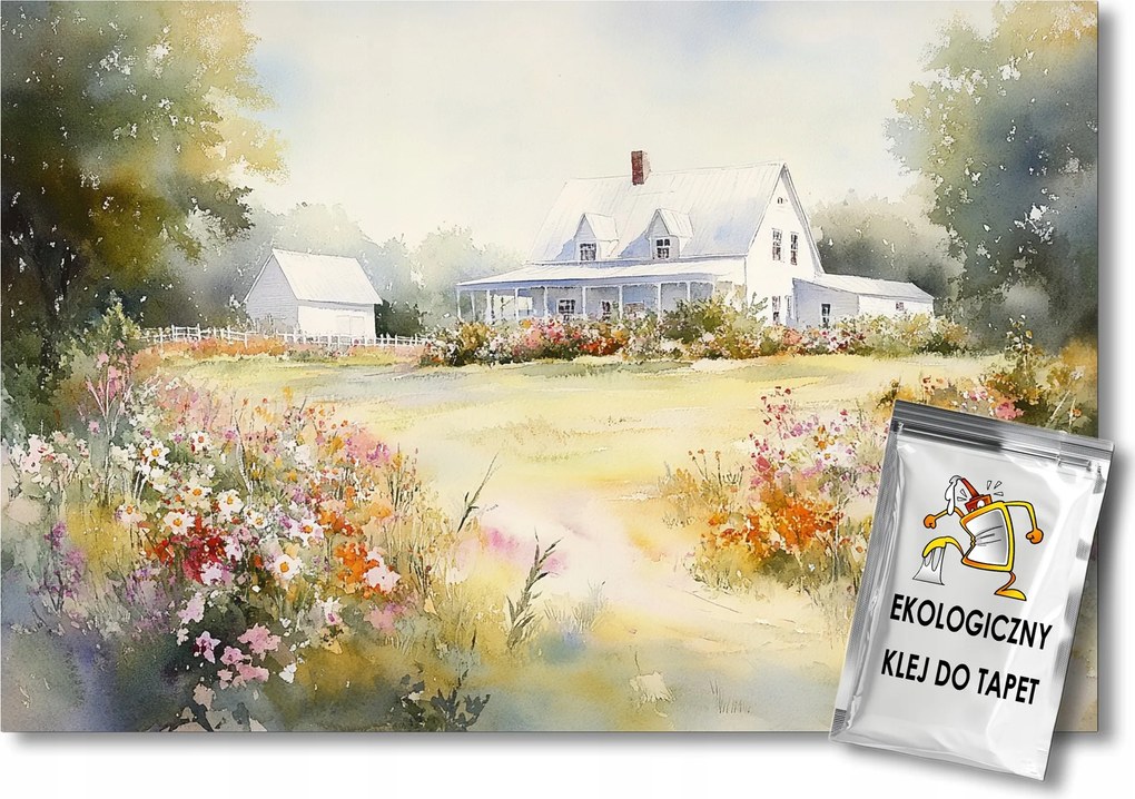 Fotótapéta Flizelina Tájkép Falu Fehér Ház Kert Virágok Nyár 100x75 ragasztó