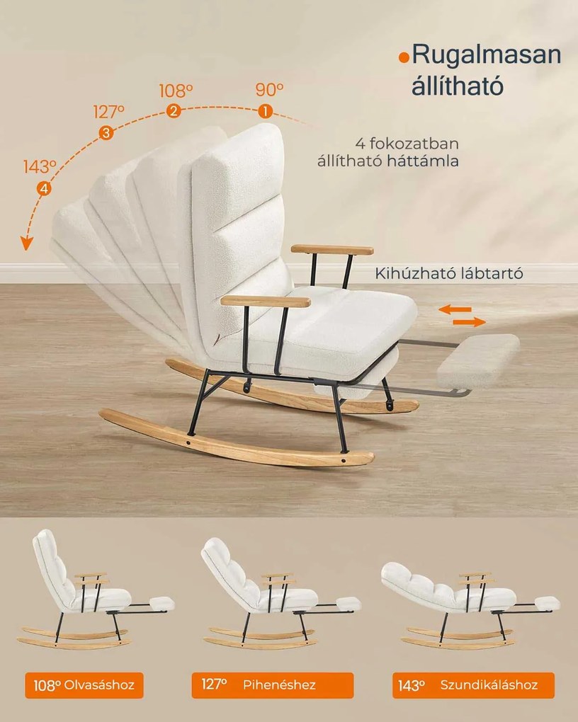 Hintaszék fa lábakkal, plüss szövettel, 4 fokozatban állítható háttámlával, fehér