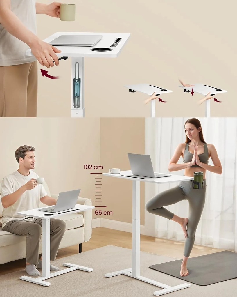 Gurulós ágy melletti asztal, kis állítható magasságú asztal, 70 × 40 cm-es asztallap, fehér