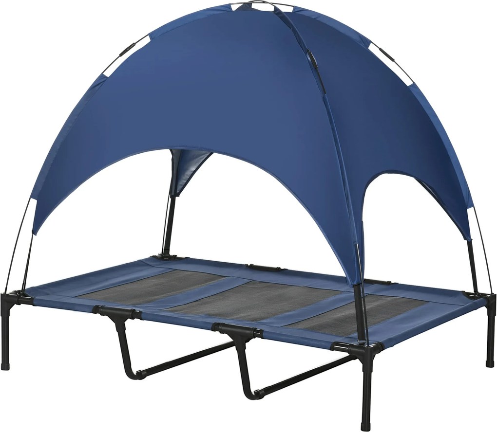 PawHut Magasított Kutyakád Napernyővel, Kutyafekhely, Kültéri Kutyafekvő Tetővel, Légáteresztő Taft Anyag, Kempingezéshez, Tengerészkék 122 x 92 x 108