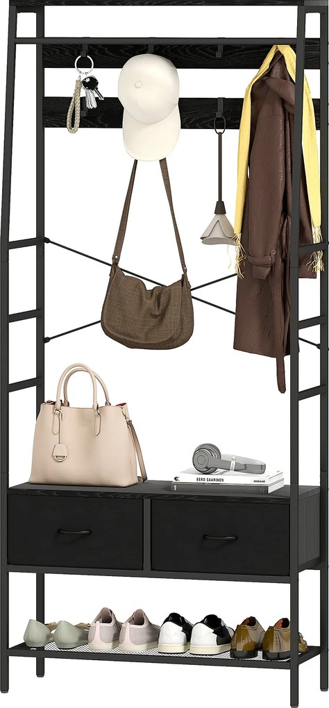 HOMCOM Kabáttartó, Ruhafogas Cipőtartóval, 2 Szövet Fiókkal, 8 Akasztóval Ellátott Kabátállvány, Polccal, Felborulás Elleni Védelemmel, Bejárathoz, El