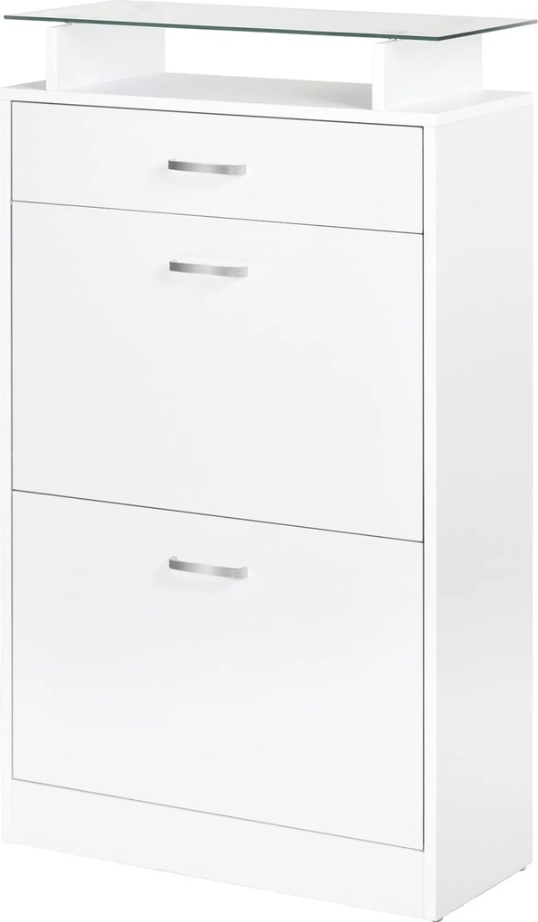 HOMCOM Cipőszekrény Cipőtartó 3 Fiókkal Üveg Polccal és Alumínium Fogantyúval Előszobába 50 kg Teherbírással 60x24x105.5 cm Fehér | Aosom