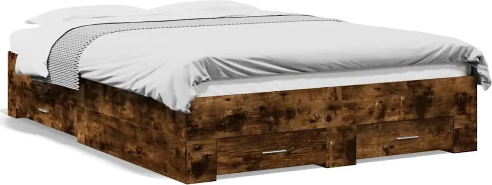 vidaXL füstös tölgy színű szerelt fa ágykeret fiókokkal 135 x 190 cm