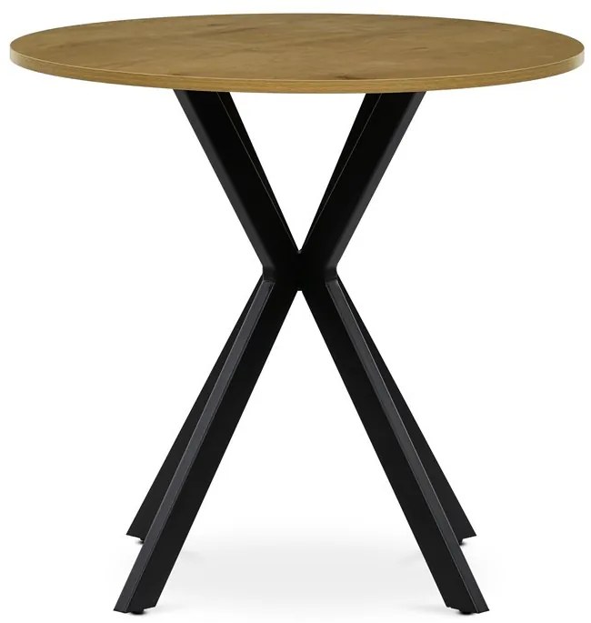 Kerek étkezőasztal Tölgy Dekorációval. Méret: 80x75 cm. Mdf asztallap, fém váz
