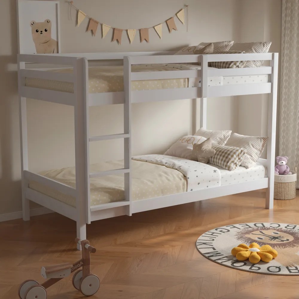 Emeletes ágy, 90x200, tömör fa, fehér, INEZA