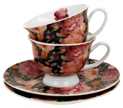 Rózsás porcelán kávés csésze aljjal két személyes szett Spring Roses Black