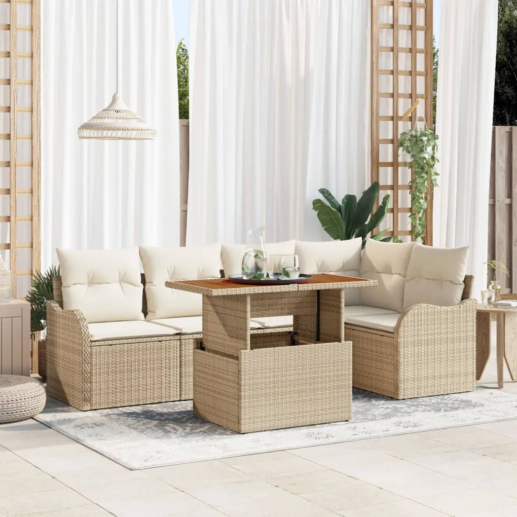 6 darabos kerítés kanapé szett párnákkal bézs poly rattan, 2 személyes kerítés kanapé tárolóval és párnákkal bézs poly rattan