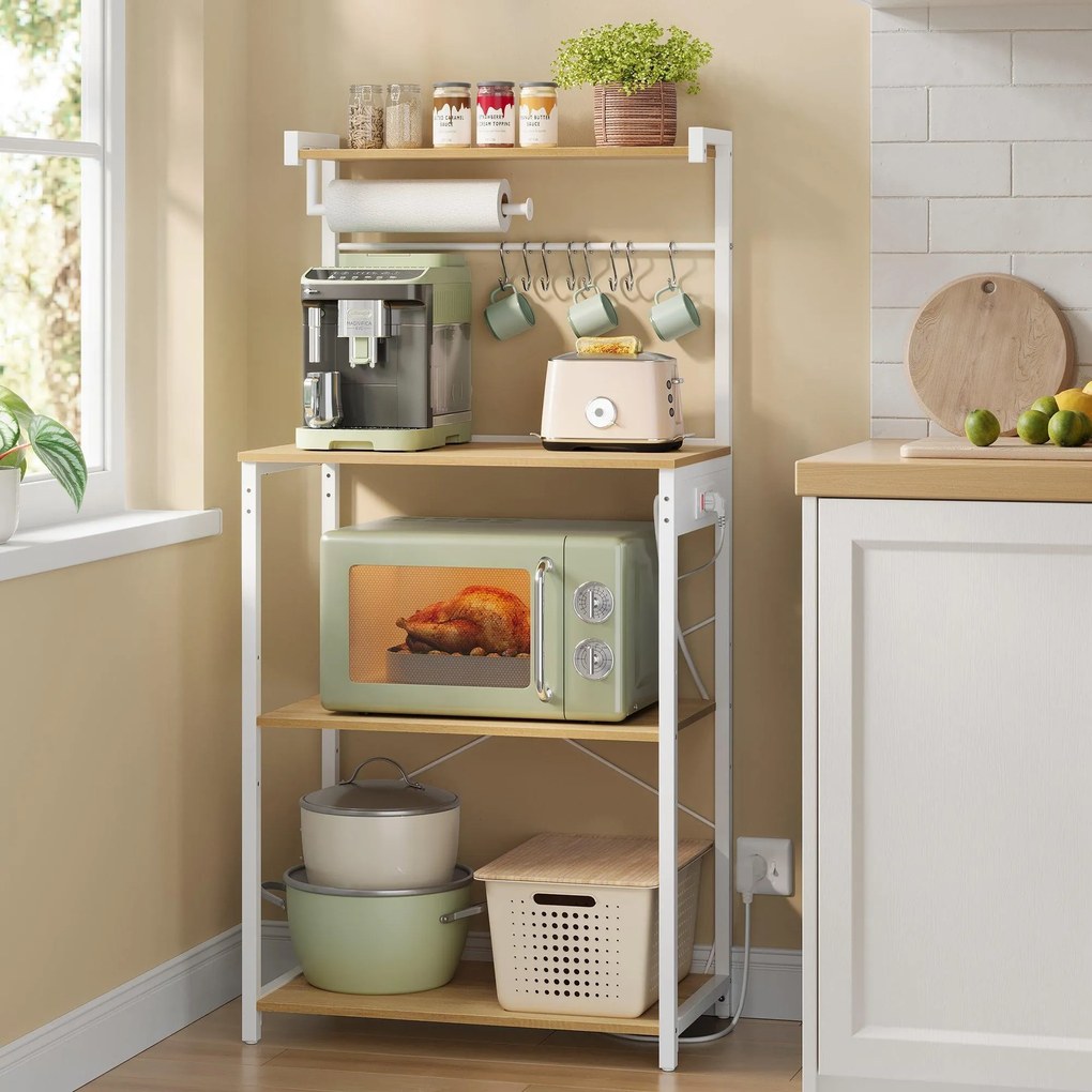 Szabadon álló 4 szintes konyhai polc konnektorokkal, arany tölgy-matt fehér