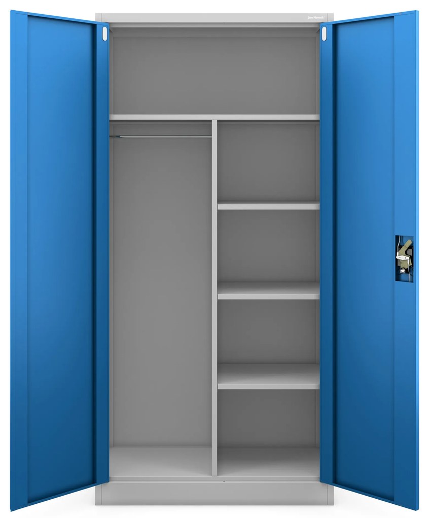 Zárható takarítószekrény DAWID – 900 x 1850 x 450 mm, szürke-kék