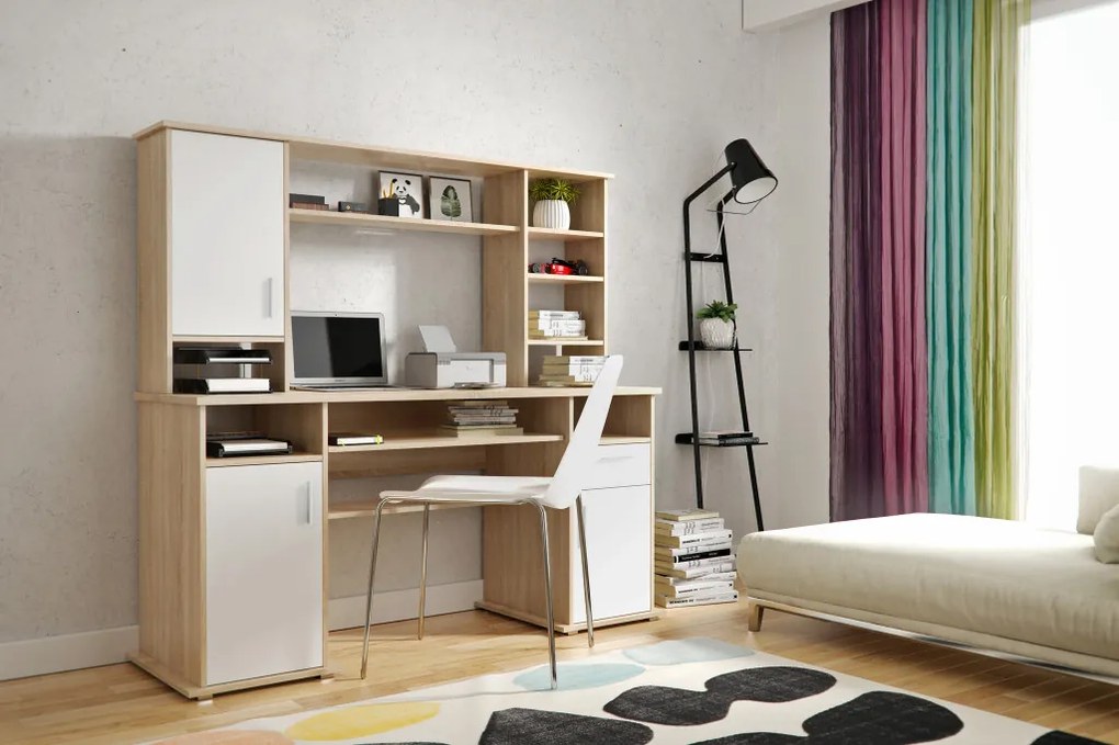 Íróasztal világos Sonoma tölgy / fehér matt színkombinációban 16 mm – VIGO