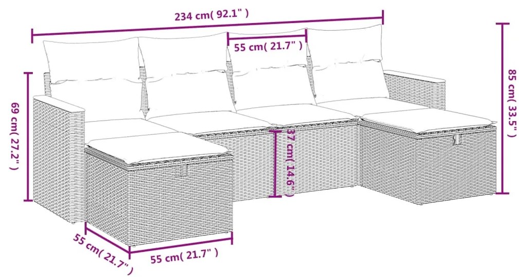 6 részes szürke polyrattan kerti ülőgarnitúra párnákkal