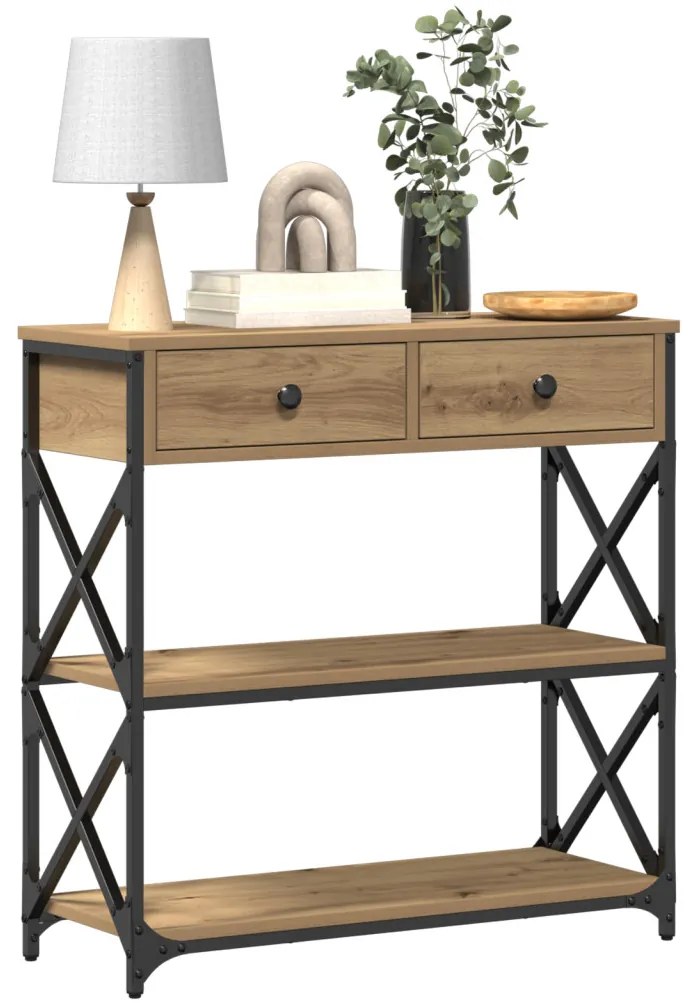 Konsole Asztal Kézműves Tölgy 75x28x75 cm Mérnöki Fa és Acél